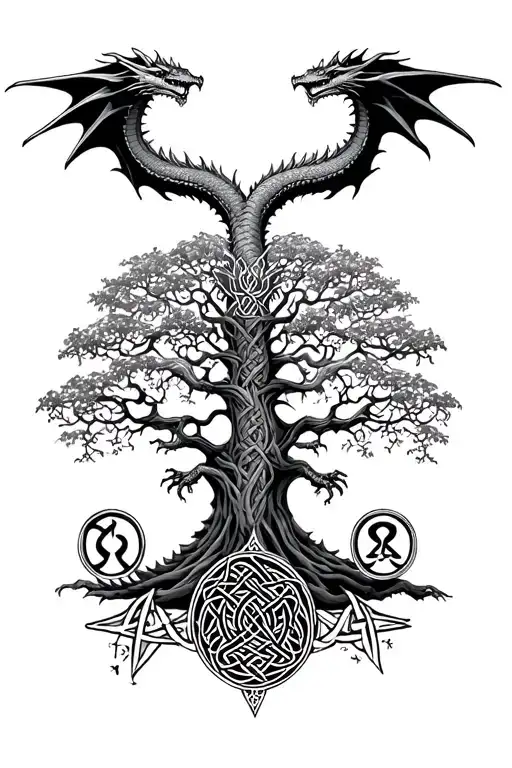 Celtic dragon over the tree of life with the Celtic symbol for family below that.  tattoo design idea