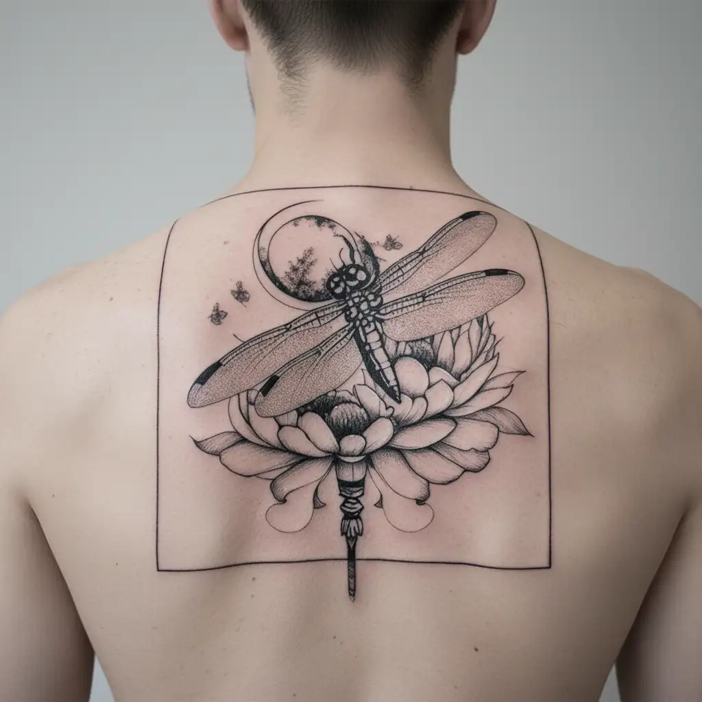 dragonfly with moon and peonies tattoo design idea