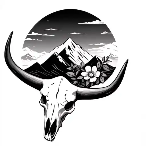steer skull with flowers and mountains  tattoo design idea