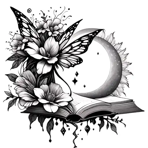 long spine tattoo flowers fairies books yon yang sun and moon magic tattoo design idea
