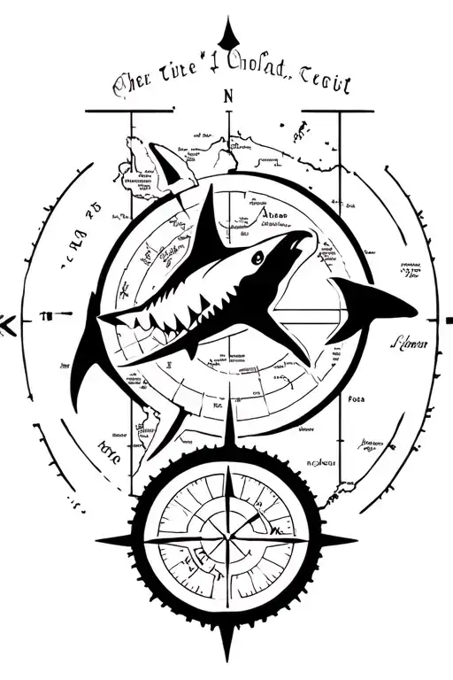 shark compass with map surrounding tattoo design idea