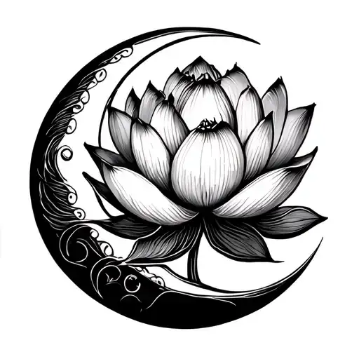 lotus flower with moon earth Virgo elements in line tattoo design idea
