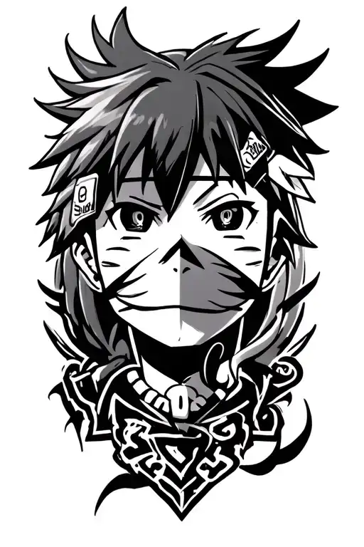 patched anime tattoo, include references from naruto, hunter x hunter, full metal alchemist, mob psycho, 7 deadly sins tattoo design idea