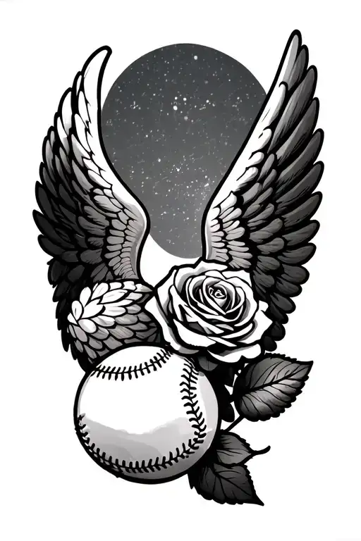 baseball with angel wings and a rose tattoo design idea