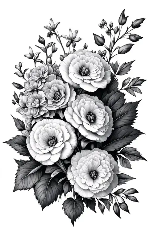 hydrangea ranunculus and delphinium flowers intertwined tattoo design idea
