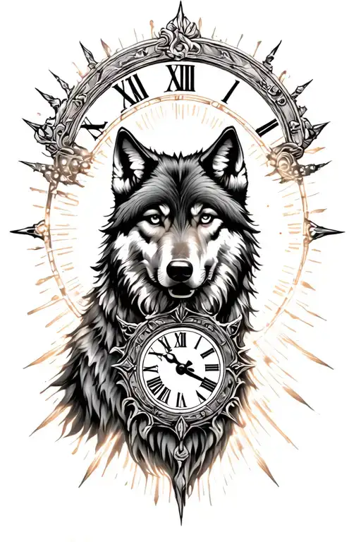 tattoo with a wolf with a Roman clock around it luminous points of small tattoo design idea