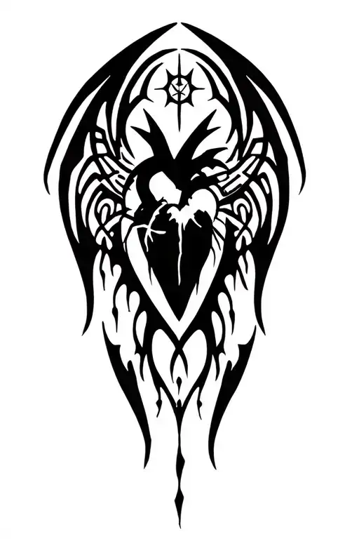 tattoo neo trival , centralized heart with long bat wings and tribal tattoo design idea
