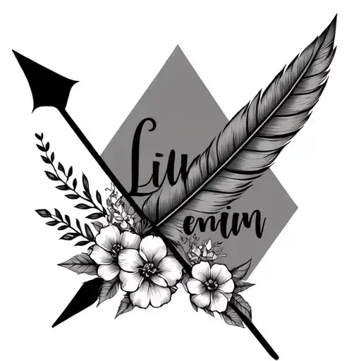 arrow shape warrior and geometric shapes with Liam written. Emelia written in shape of arrow with feathers and flowers  tattoo design idea