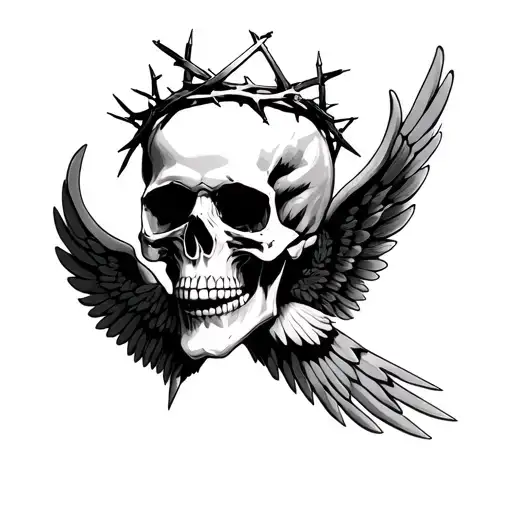 skull wearing the crown of thorns with wings tattoo design idea