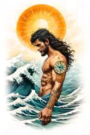 posiedon with a wave or clock underneath and sunwukong on the bicep tattoo design idea