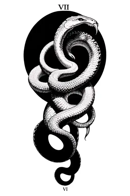 masculine  Two snakes, one facing up, one down. One side: Roman numerals “II • VII”other side: “VII • II clean full calf tattoo design idea