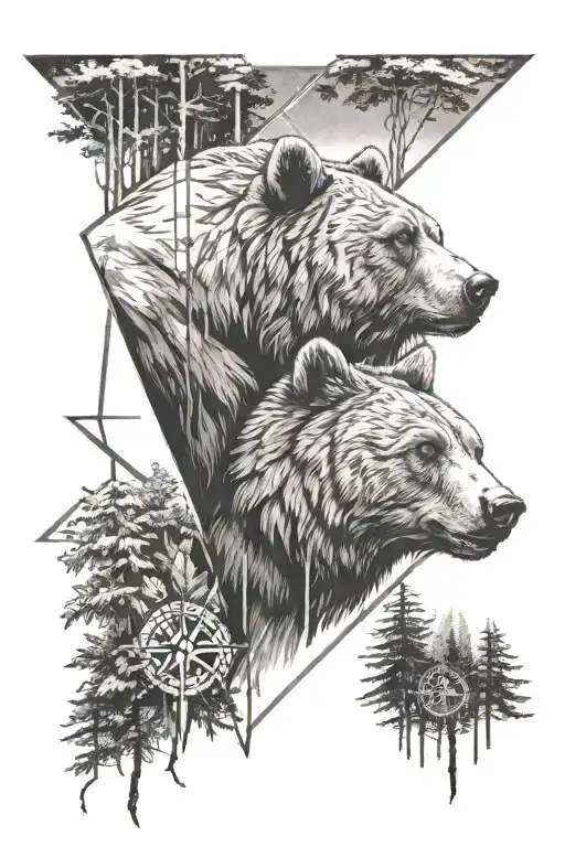 bear face roaring with forest scene and a compass  tattoo design idea