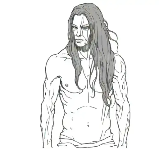 Black metal guy with long black hair covering his body in a gothic minimalist style tattoo design idea
