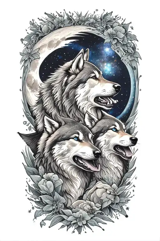 A cosmic tattoo featuring a galaxy with wolves howling at the moon tattoo design idea