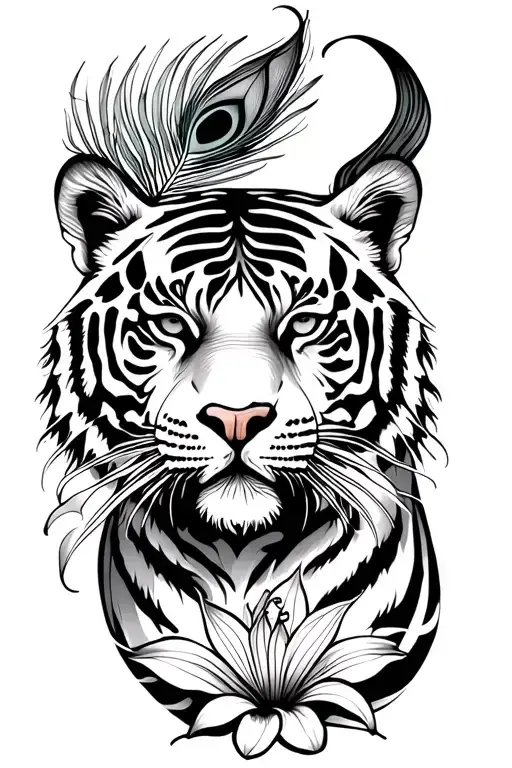 tiger with peacock feather and fire lily tattoo design idea