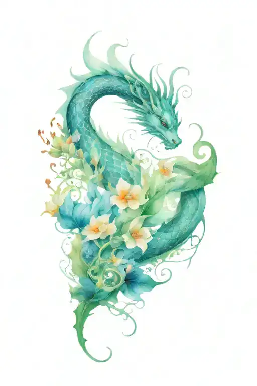 fantasy themed tattoo include flowers and dragons and fairy tattoo design idea