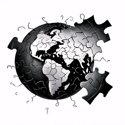 A detailed black-and-grey tattoo of a globe, slightly cracked or fragmented into several puzzle-like pieces. Each piece  tattoo design idea