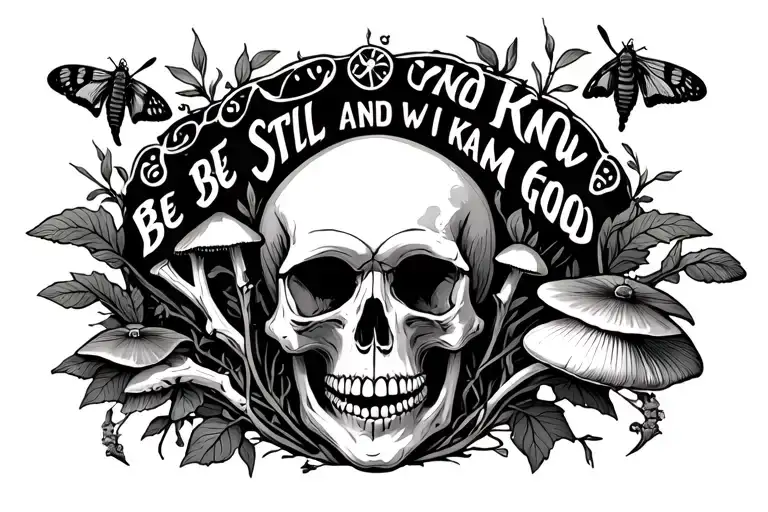 the Phrase 'Be Still and Know I Am God" with bones, vines, mushrooms, and moths, and Skull tattoo design idea