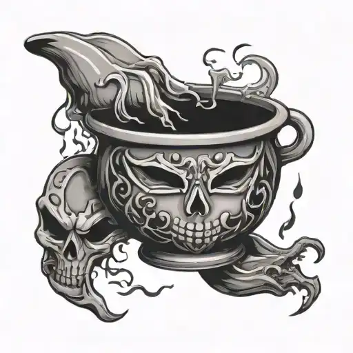 a boiling cauldron in which to cook a broken heart and the mask of a hypocrite tattoo design idea