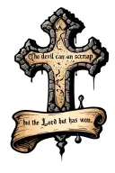 cobblestone cross with writing "the devil can scrap but the Lord has won" in old font on a scroll. tattoo design idea