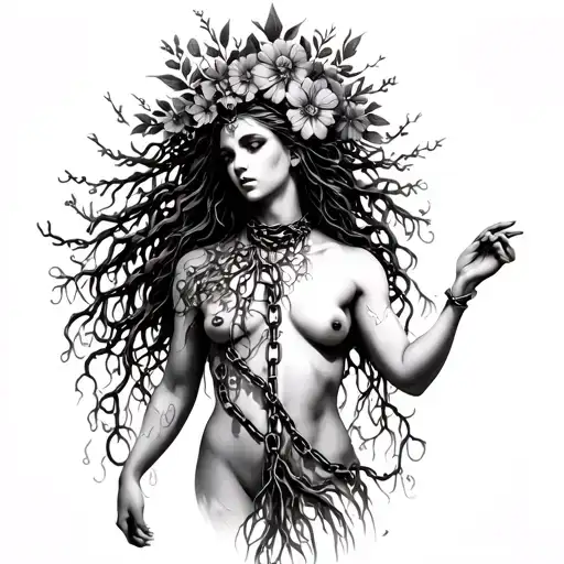 full body Silhouette of a goddess with long hair, bare chest,large collar on her roots growing out of chains, flowers tattoo design idea