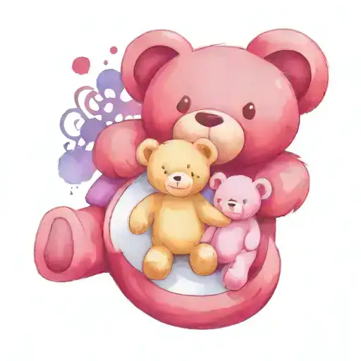 two teddy bears pink and purple (parents), a hand mirror (brother) a book (me) and all connected by a DNA helix tattoo design idea
