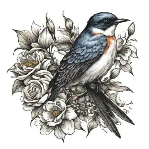 swallow bird and flowers tattoo design idea