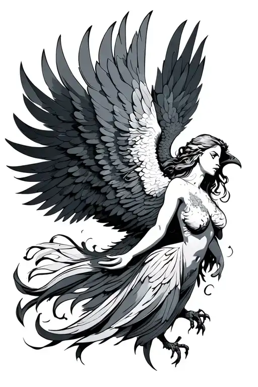 phoenix with outstretched wings and woman tattoo design idea