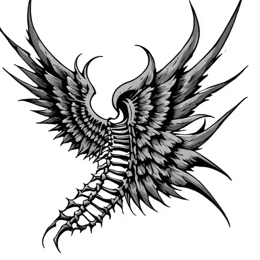 A tribal blackwork spine and wing tattoo with sharp, jagged, skeletal wings and thorn-like vertebrae, symbolizing streng tattoo design idea