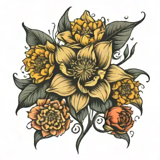 narcissus, waterlily, poppy flowers tattoo design idea