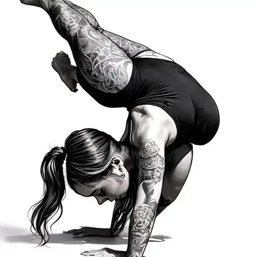 acrobat girl doing an handstand with one leg straight pointing up  and the other bent down to her head dressed in circ tattoo design idea