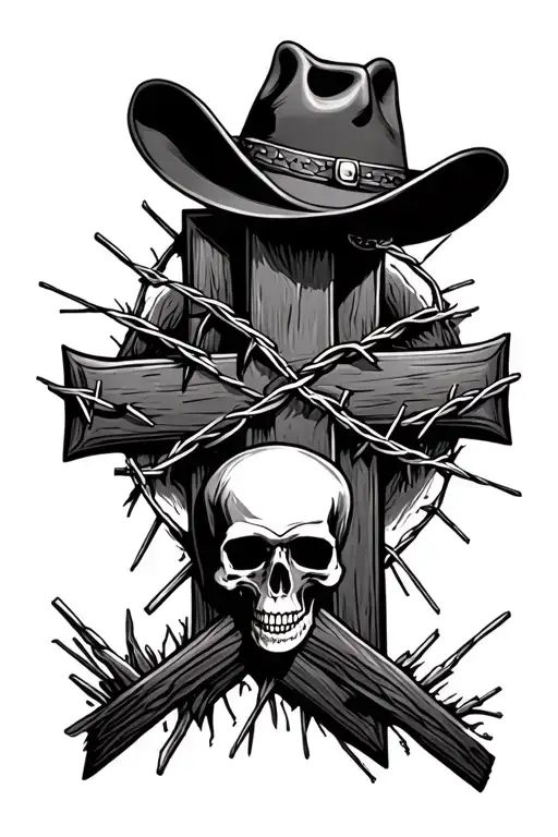 cross with a cowboy hat and barbed wire with skull at the bottom of the cross tattoo design idea