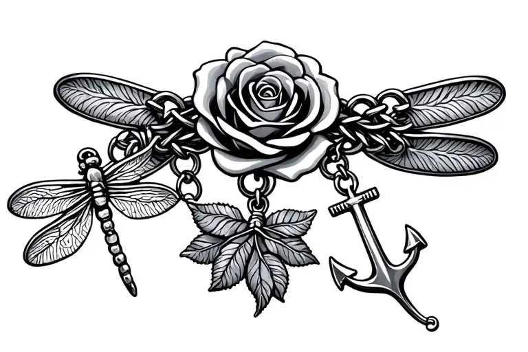 charm bracelet with a rose charm, a simple dragonfly and a simple anchor tattoo design idea