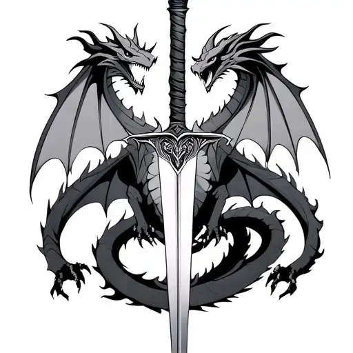 black and gray four legged dragon wrapped around a dagger with lighting in the background  tattoo design idea