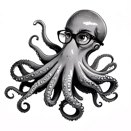 side profile of a octopus with eyelashes, wearing glasses, with a book with holding with her tentacles and holding a cof tattoo design idea