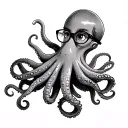 side profile of a octopus with eyelashes, wearing glasses, with a book with holding with her tentacles and holding a cof tattoo design idea