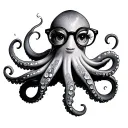side profile of a octopus with eyelashes, wearing glasses, with a book with holding with her tentacles and holding a cof tattoo design idea