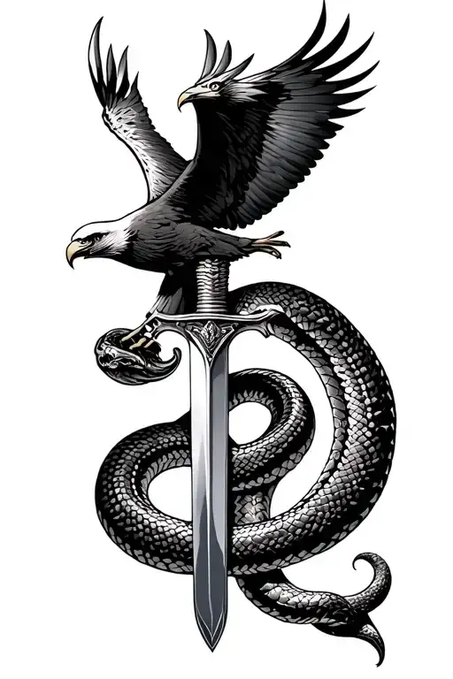 knight's sword with snake wrapped and an eagle soaring tattoo design idea