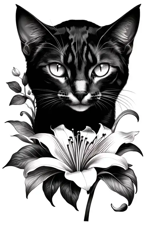 Hand cat head tattoo corner. With a lily and arabesque in a graphic style drawing black pencil and shade tattoo design idea
