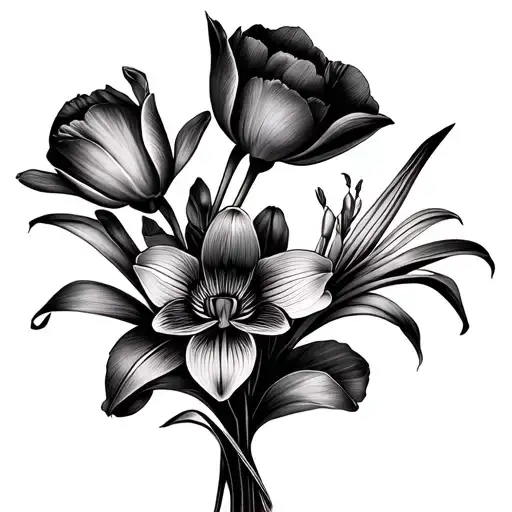 small flower bouquet with stems made of orchid, tulips, christmas lily and poppy's tattoo design idea