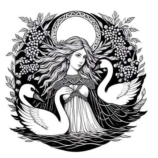 fair haired Celtic Goddess, Aine. surrounded by Swans, rowan berries and the sun tattoo design idea