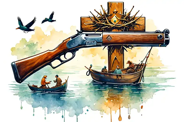 cross with a crown of thorns with a shotgun leaning against it with ducks flying and a boat with people fishing tattoo design idea