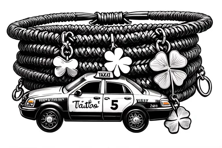 Charm bracelet with a rubber flow across and a taxi cab and a four leaf clover and the number five tattoo design idea