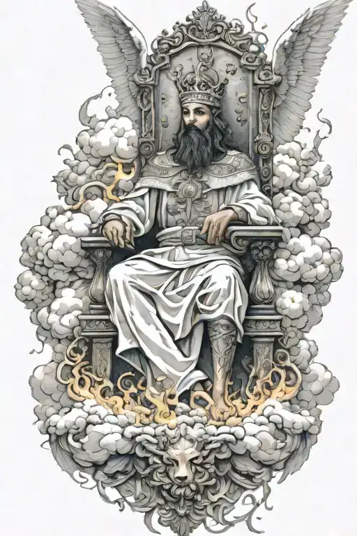 king of kings sitting on throne of cloud and fire surrounded by flying angels tattoo design idea