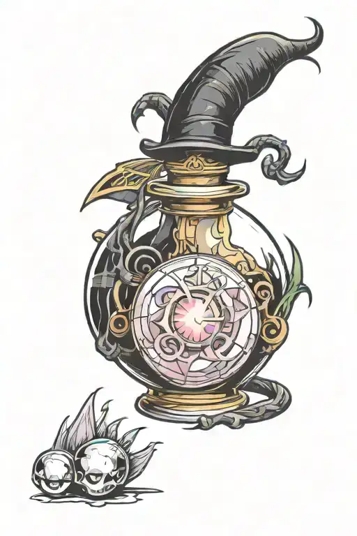 potion bottle with maleficent horns and crystal ball surrounded tattoo design idea
