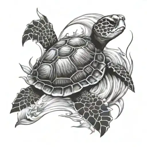 sea turtle, waves, fishing pole, lightning whelk  tattoo design idea