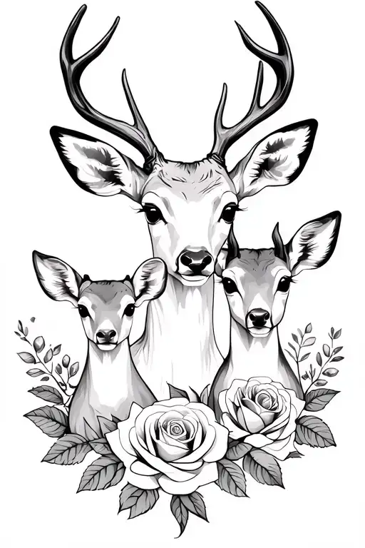 Mom deer and 2 baby deer portrait style with roses tattoo design idea