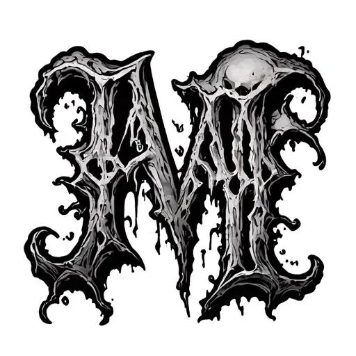 vertical gothic letters "monster" surrunded by skulls tattoo design idea