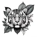 tiger and monstera leaf intertwined roses tattoo design idea