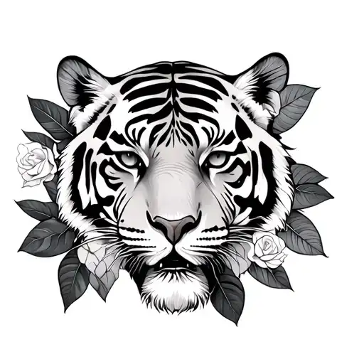 tiger and monstera leaf intertwined roses tattoo design idea